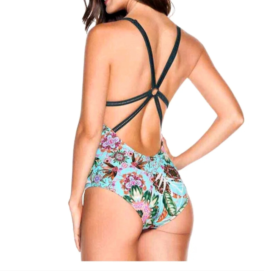OndadeMar Amazonia One Piece Swimsuit Aqua Floral Strappy Back UPF 50+ NWT S